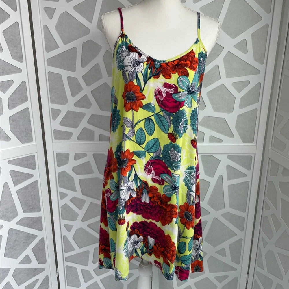 Floral summer dress high low relaxed fit cotton green multicolored sz L large - Picture 1 of 8